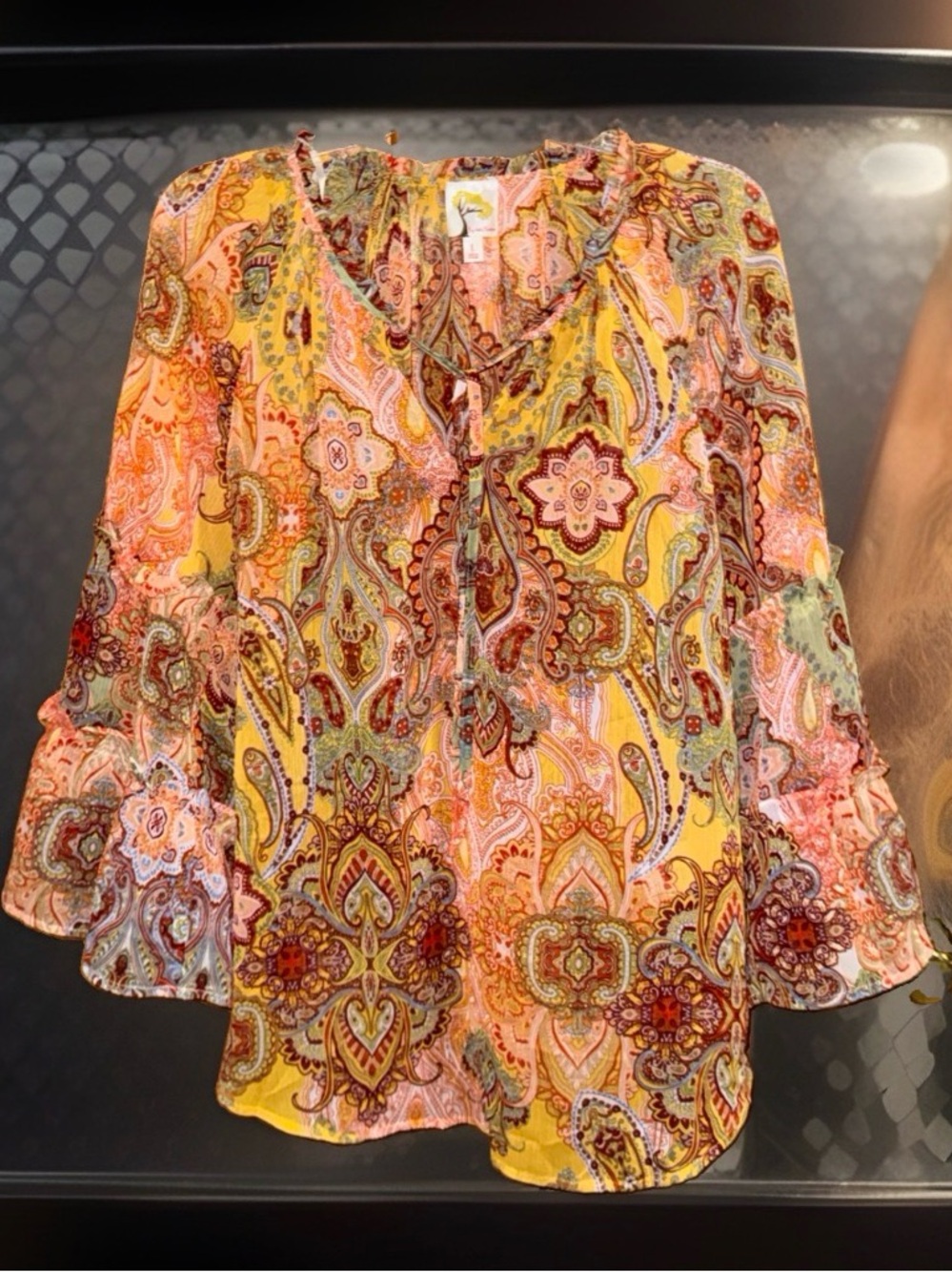 NWT fig and flower Paisley Tie-Neck Sheer Peasant Blouse in Yellow & Orange-L
